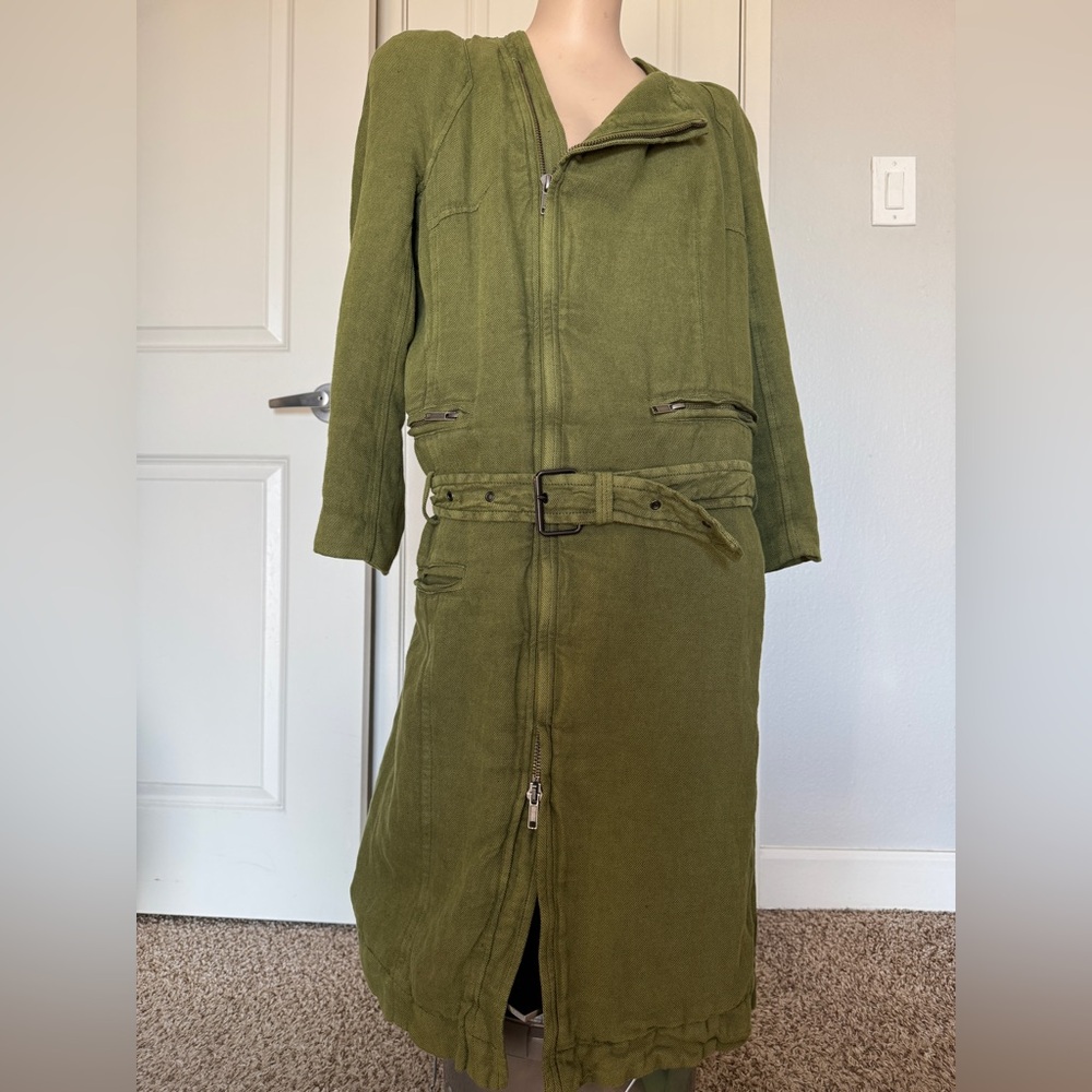 Haider Ackermann Spring 2016 Linen Moto Trench Coat 3/4 Olive Green Jacket EU 40